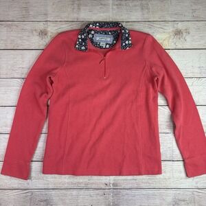 Orvis Small Coral Red 1/4 Zip Sweater Floral Collar Cuffs Women's Top